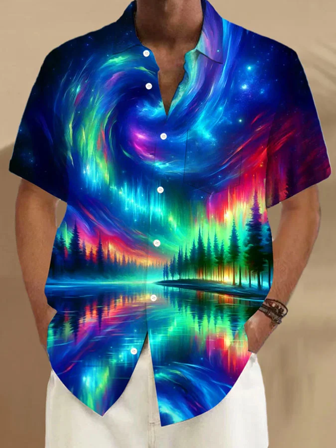 Royaura® Hawaii Gradient Natural Landscape Aurora 3D Digital Print Men's Button Pocket Short Sleeve Shirt Big & Tall