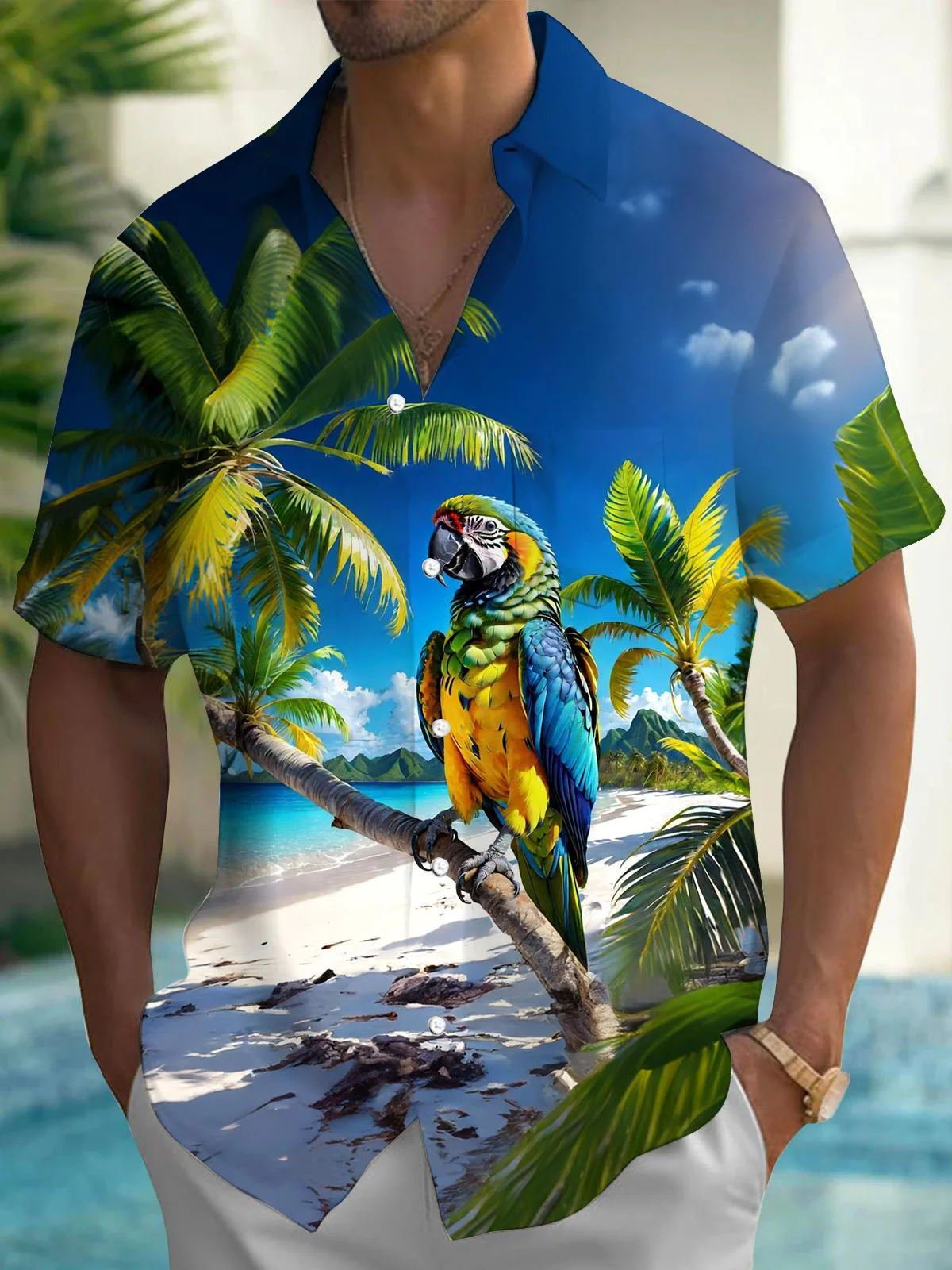 Royaura® Beach Vacation Men's Hawaiian Shirt Parrot Print Pocket Camping Shirt Big Tall