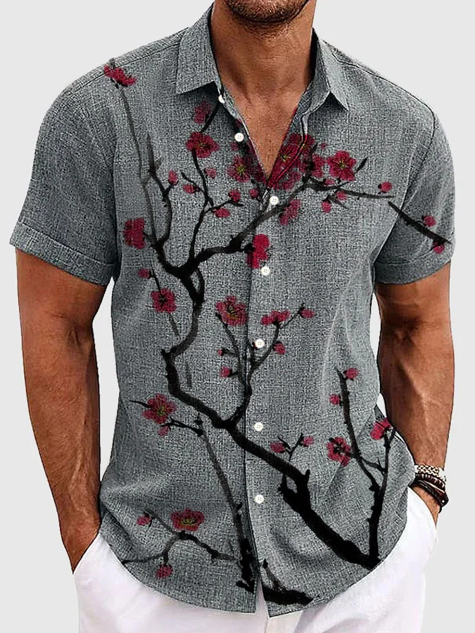 Royaura® Retro Plum Texture 3D Digital Print Men's Button Pocket Short Sleeve Shirt Big & Tall