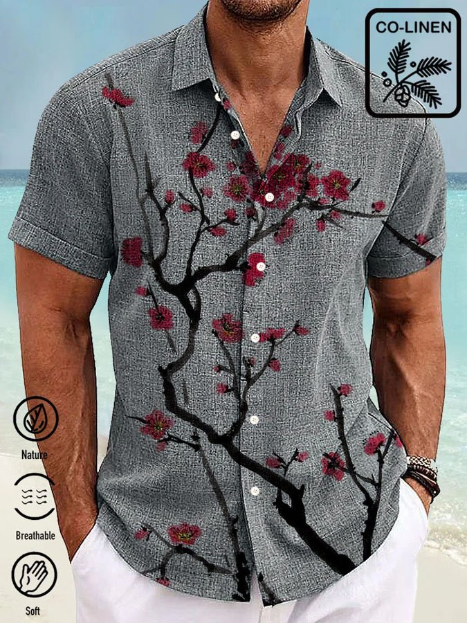 Royaura® Retro Plum Texture 3D Digital Print Men's Button Pocket Short Sleeve Shirt Big & Tall