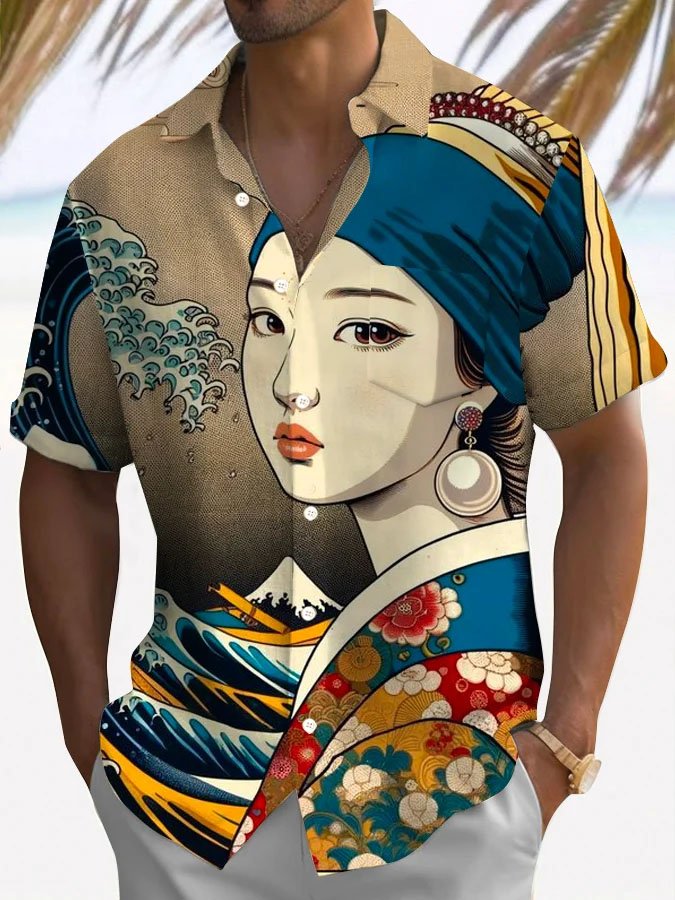 Royaura® Retro Ukiyoe Waves 3D Digital Print Men's Button Pocket Short Sleeve Shirt Big & Tall