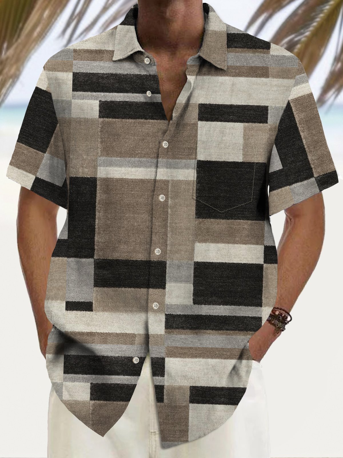 Royaura® Vintage Geometric Print Chest Pocket Shirt Plus Size Men's Shirt Big Tall