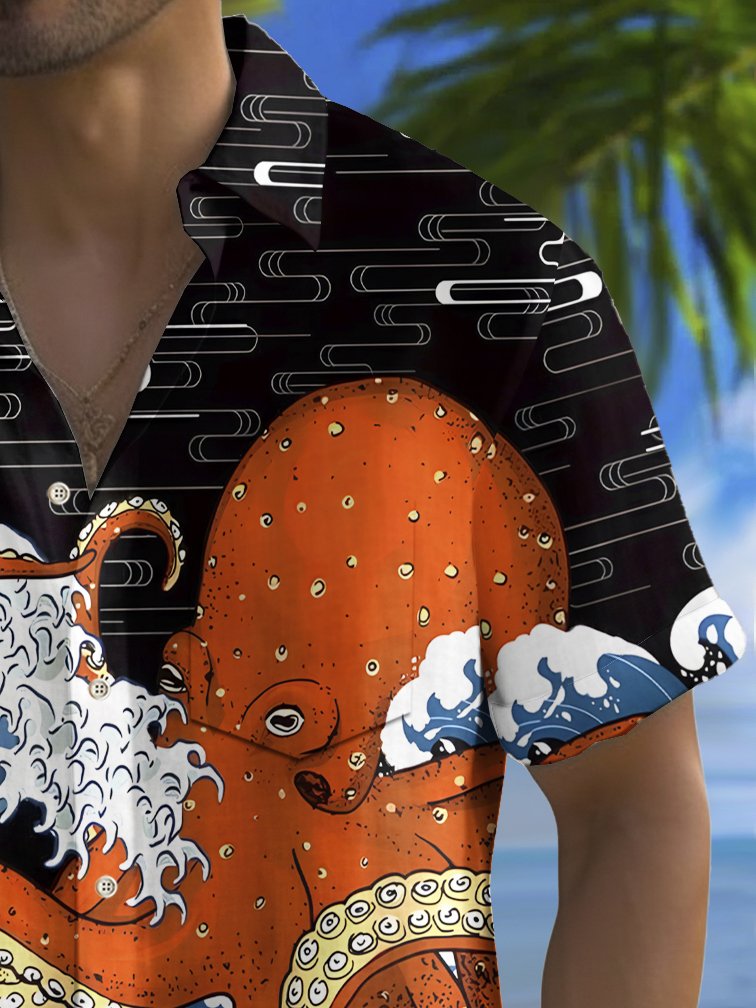 Royaura® Beach Vacation Men's Hawaiian Shirt Nautical Octopus Print Pocket Camping Shirt Big Tall