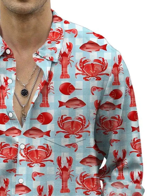 Royaura® Beach Vacation Men's Lobster Print Chest Pocket Long Sleeve Shirt Big Tall