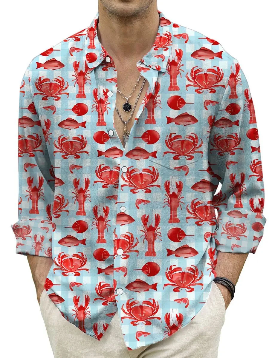 Royaura® Beach Vacation Men's Lobster Print Chest Pocket Long Sleeve Shirt Big Tall