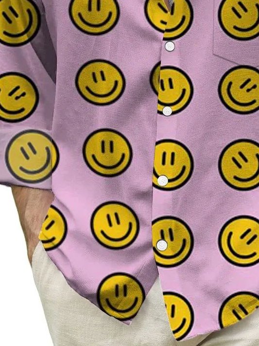 Royaura® Vintage Men's Smiley Face Print Chest Pocket Long Sleeve Shirt Big Tall