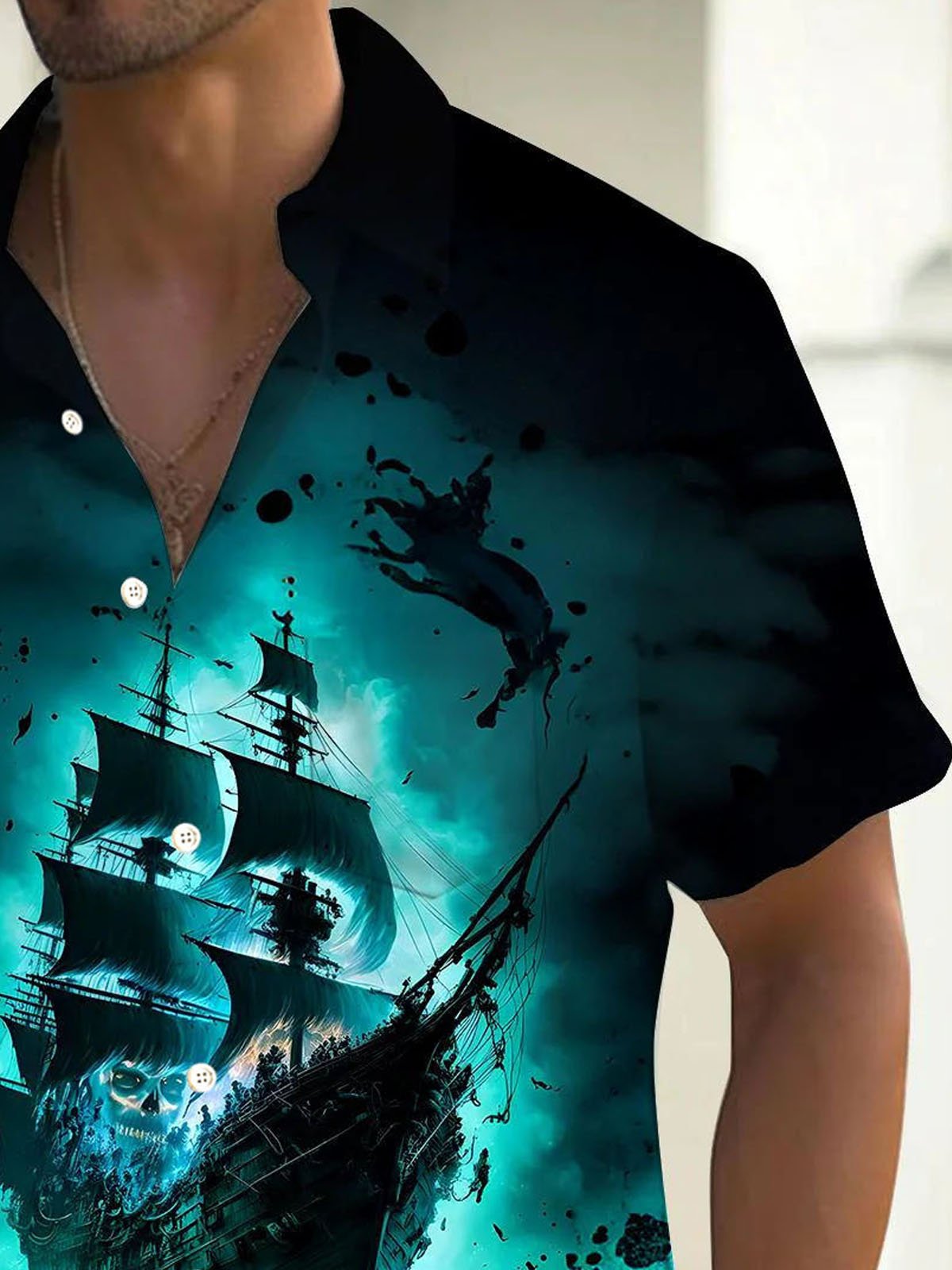 Royaura® Retro Nautical Pirate Ship 3D Digital Print Men's Button Pocket Short Sleeve Shirt Big & Tall