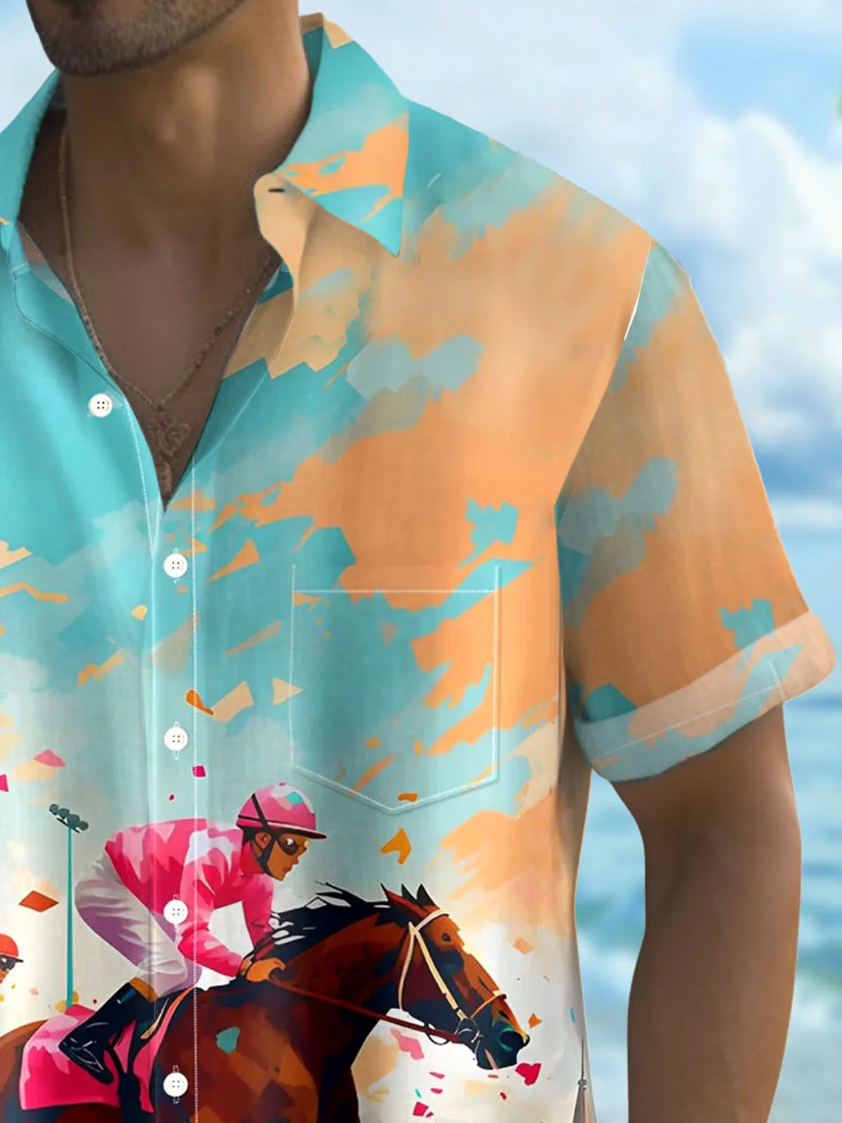 Royaura® Hawaiian Horse Racing Gradient 3D Digital Print Men's Button Pocket Short Sleeve Shirt Big & Tall