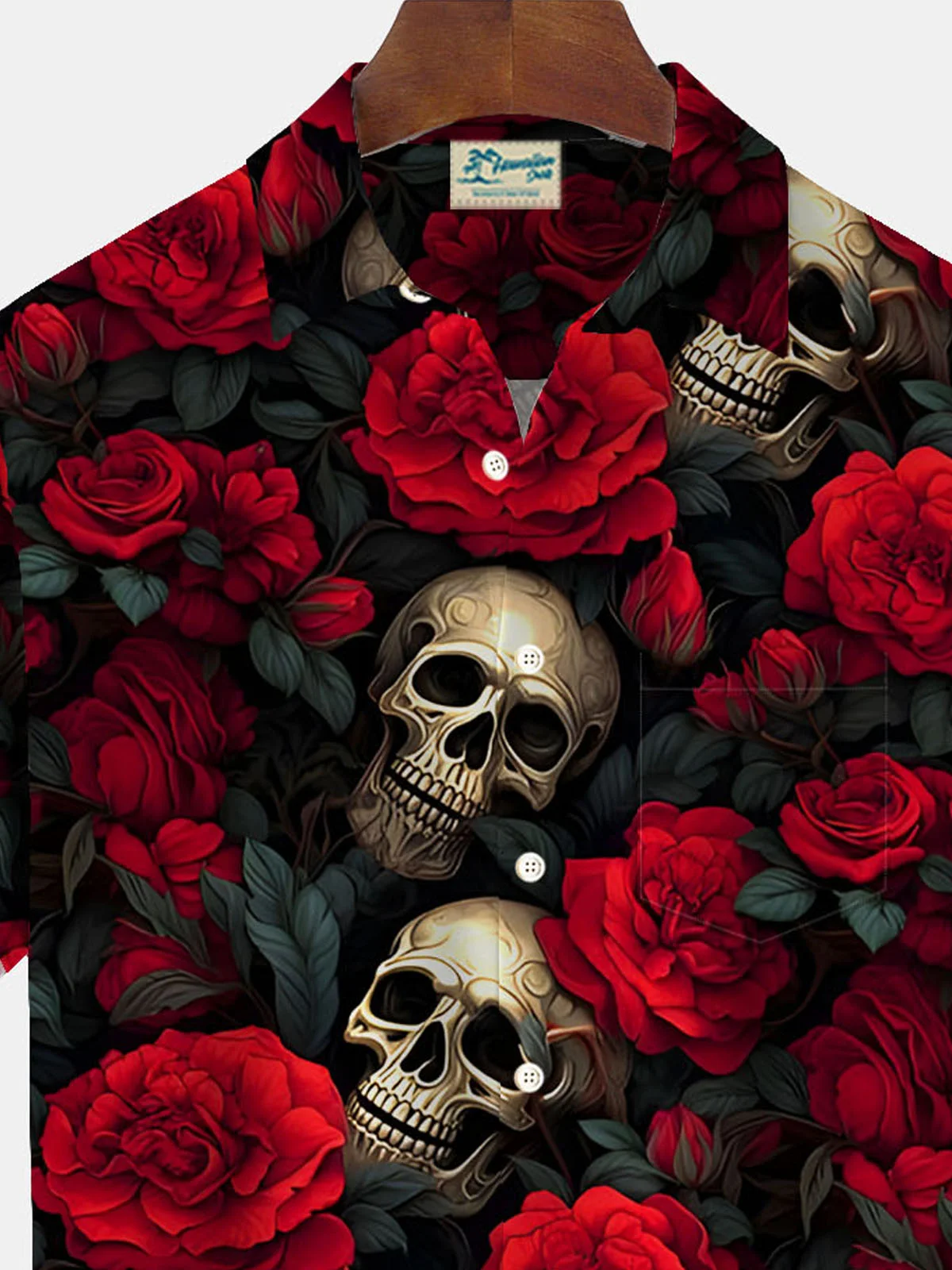 Royaura® Retro Halloween Skull Rose Flower 3D Digital Print Men's Button Pocket Short Sleeve Shirt Big & Tall