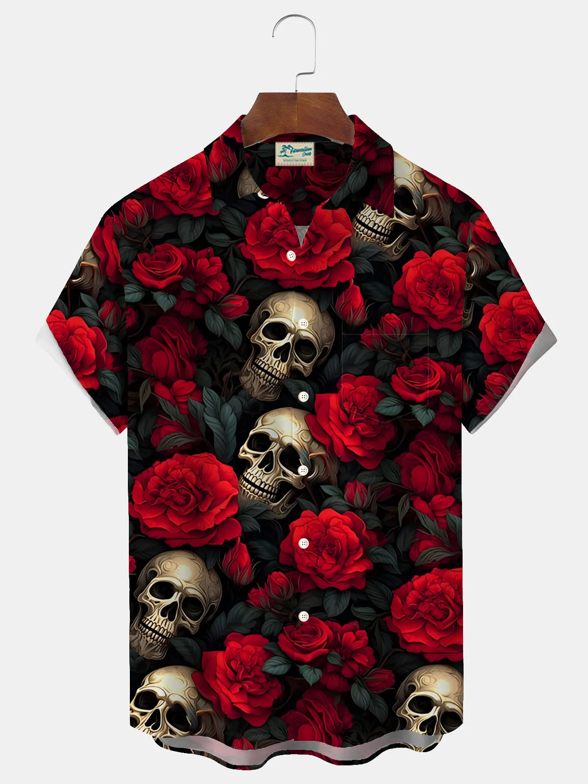 Royaura® Retro Halloween Skull Rose Flower 3D Digital Print Men's Button Pocket Short Sleeve Shirt Big & Tall