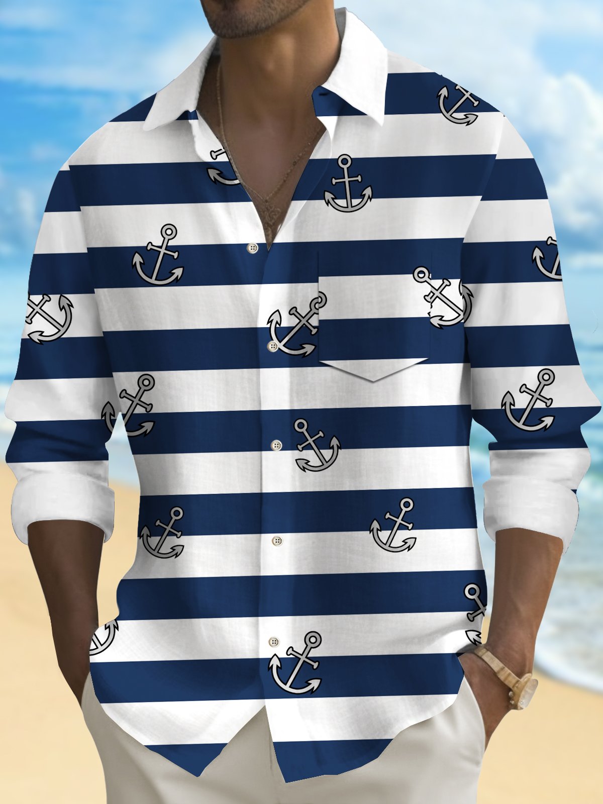 Royaura® Basic Men's Striped Anchor Print Chest Pocket Stretch Long Sleeve Shirt Big Tall