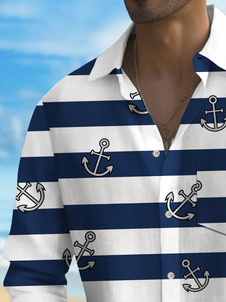 Royaura® Basic Men's Striped Anchor Print Chest Pocket Stretch Long Sleeve Shirt Big Tall