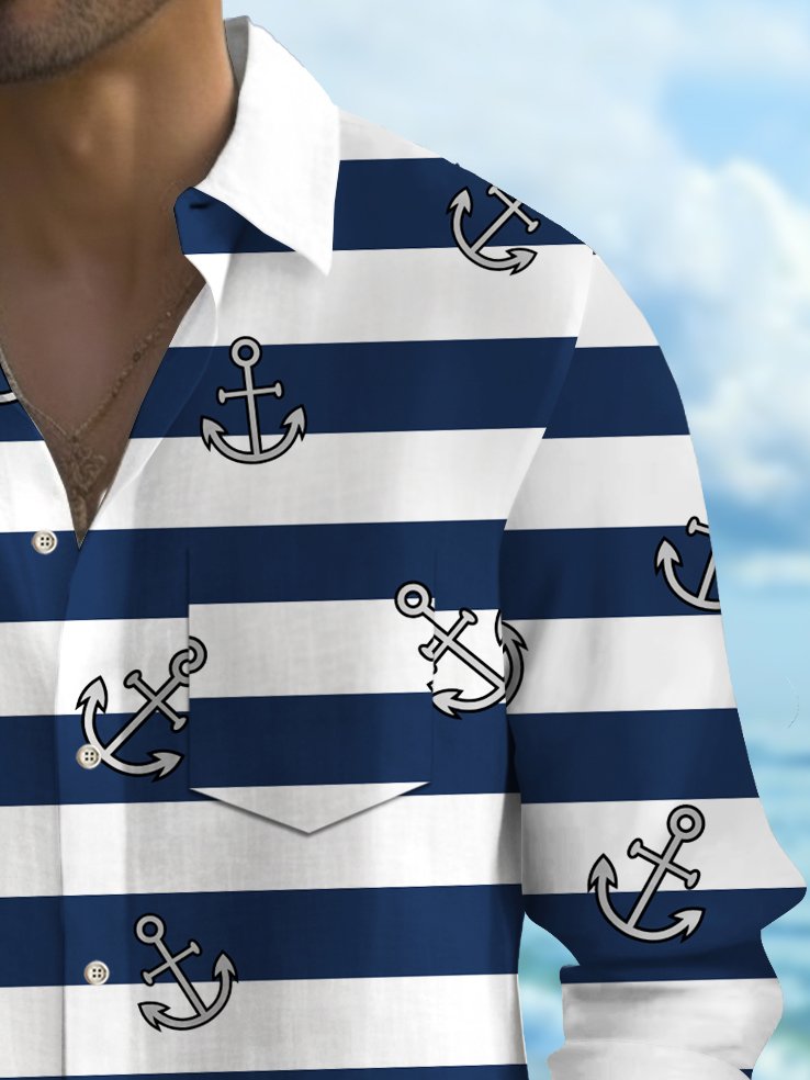 Royaura® Basic Men's Striped Anchor Print Chest Pocket Stretch Long Sleeve Shirt Big Tall