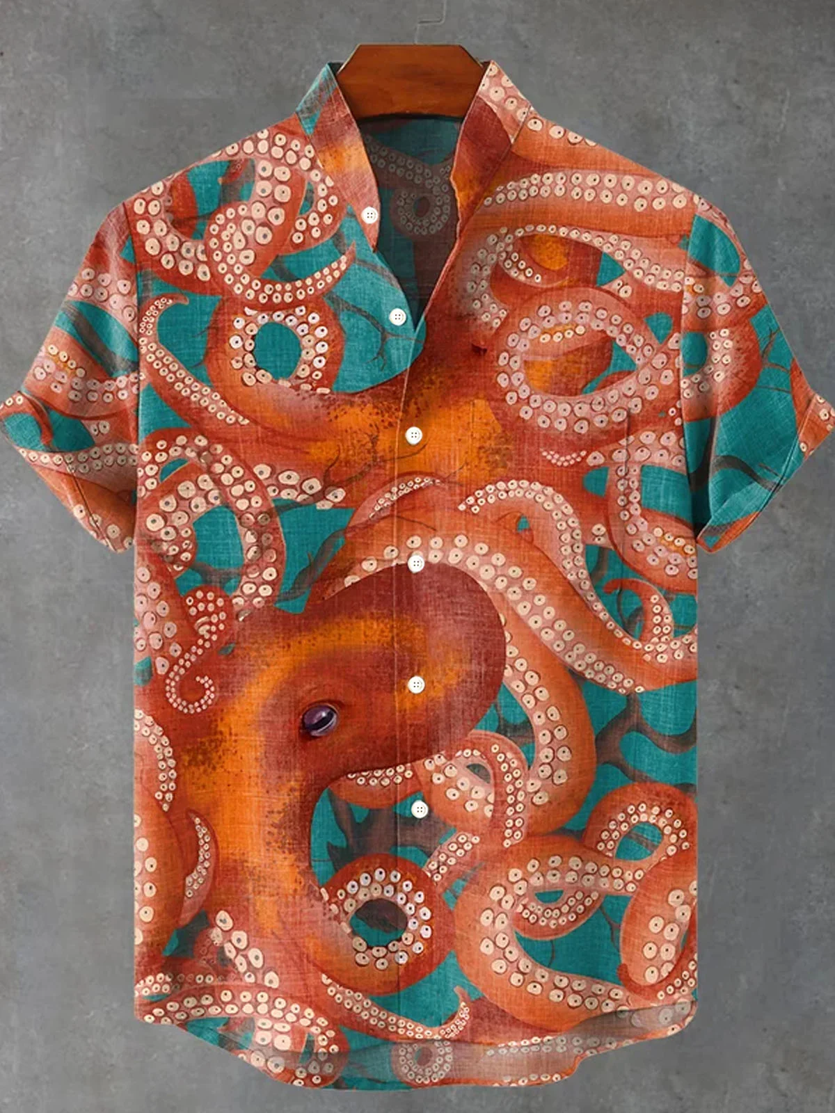 Royaura® Retro Octopus Cotton Linen Stand Collar 3D Digital Print Men's Button Pocket Shirt Big & Tall