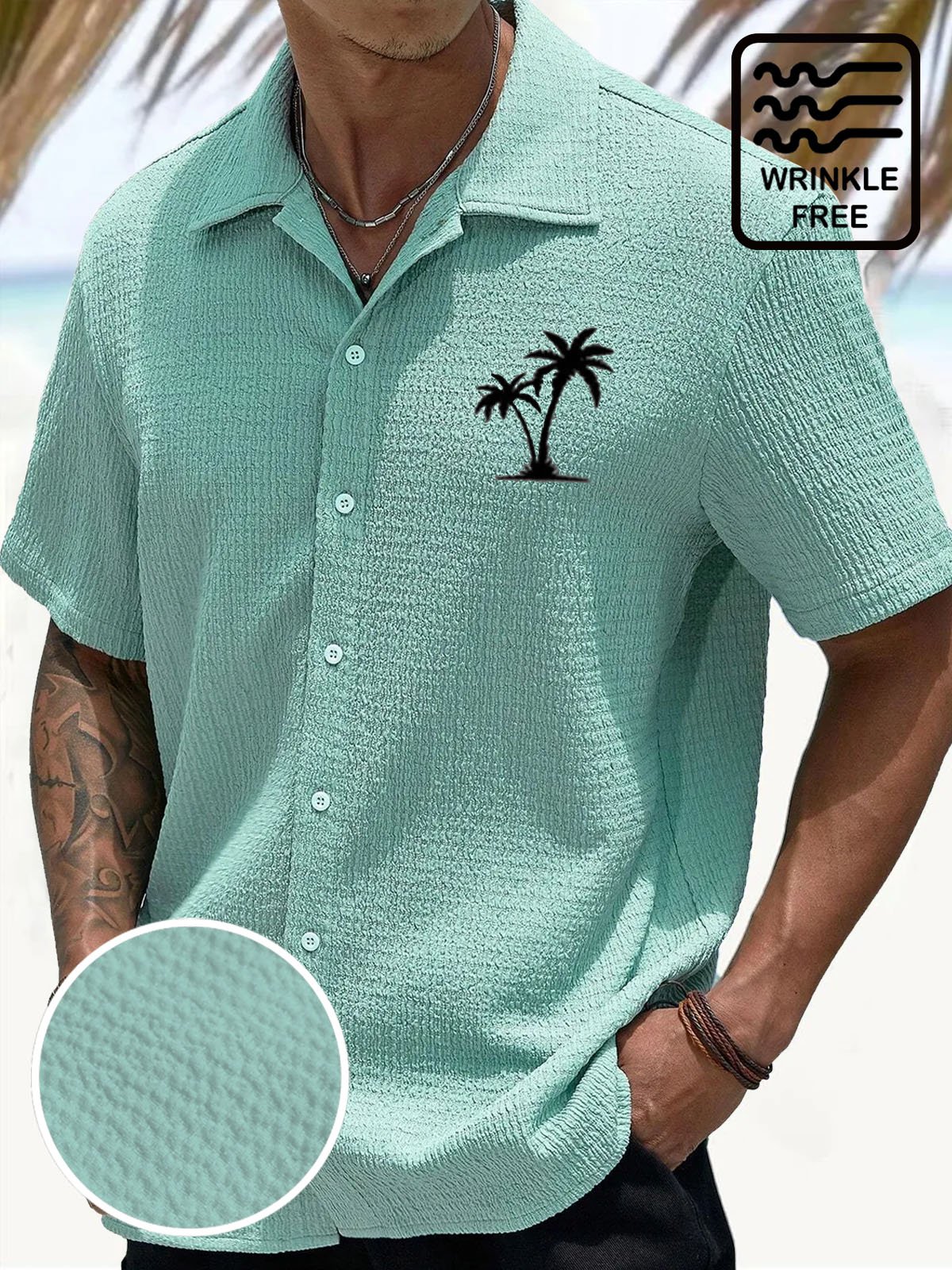 Royaura® Hawaiian Coconut Tree Puff Crepe 3D Digital Print Men's Button Pocket Short Sleeve Shirt Big & Tall