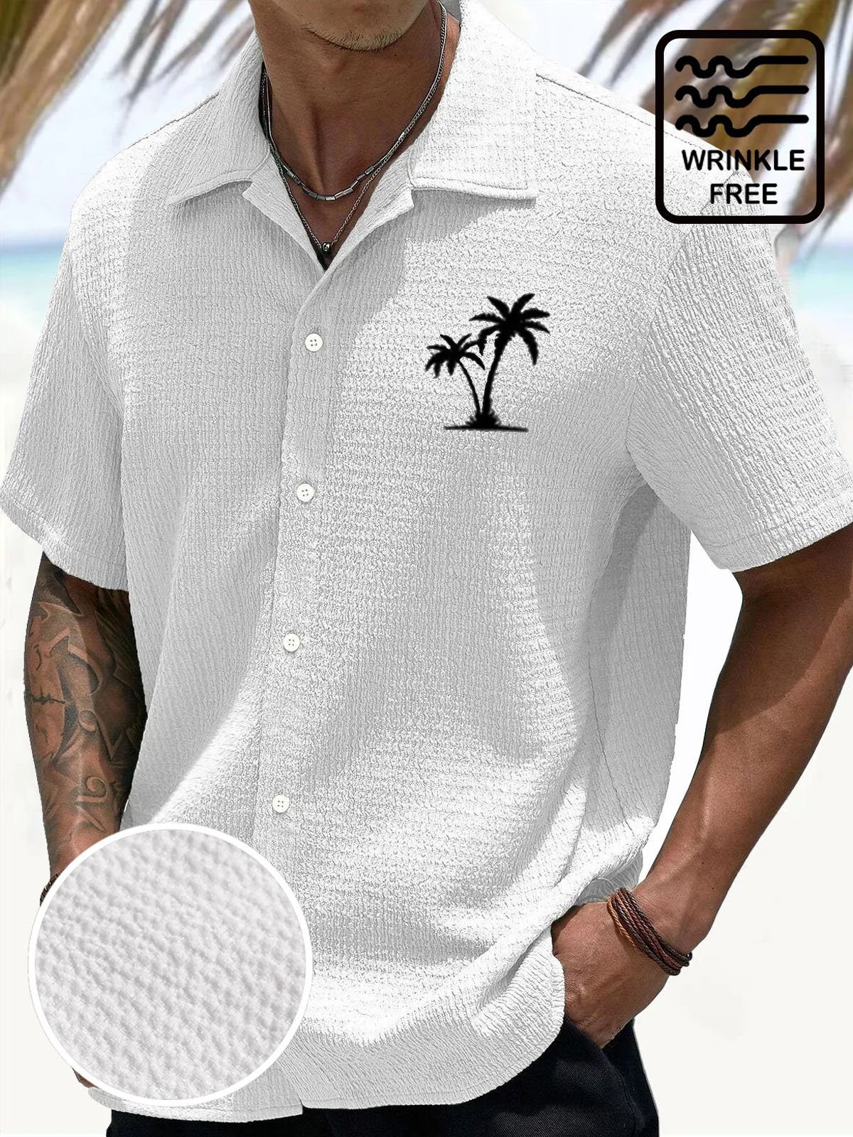 Royaura® Hawaiian Coconut Tree Puff Crepe 3D Digital Print Men's Button Pocket Short Sleeve Shirt Big & Tall