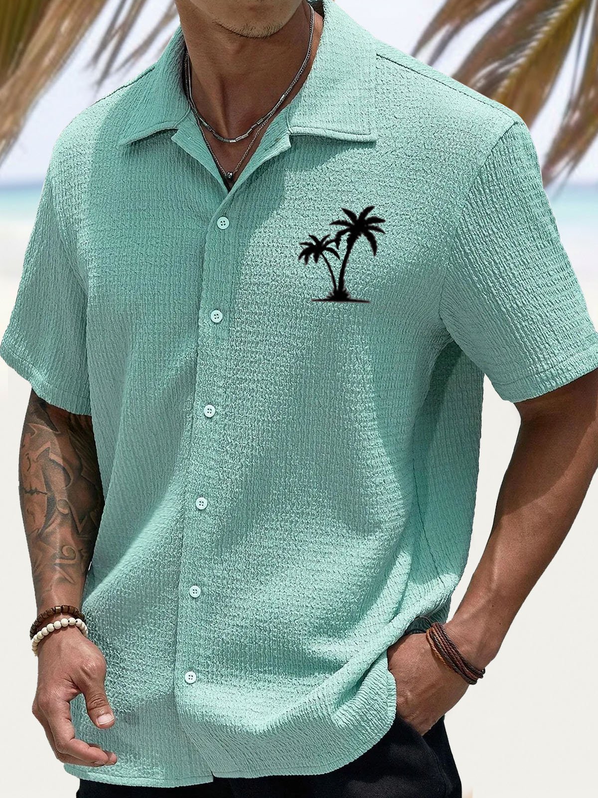 Royaura® Hawaiian Coconut Tree Puff Crepe 3D Digital Print Men's Button Pocket Short Sleeve Shirt Big & Tall