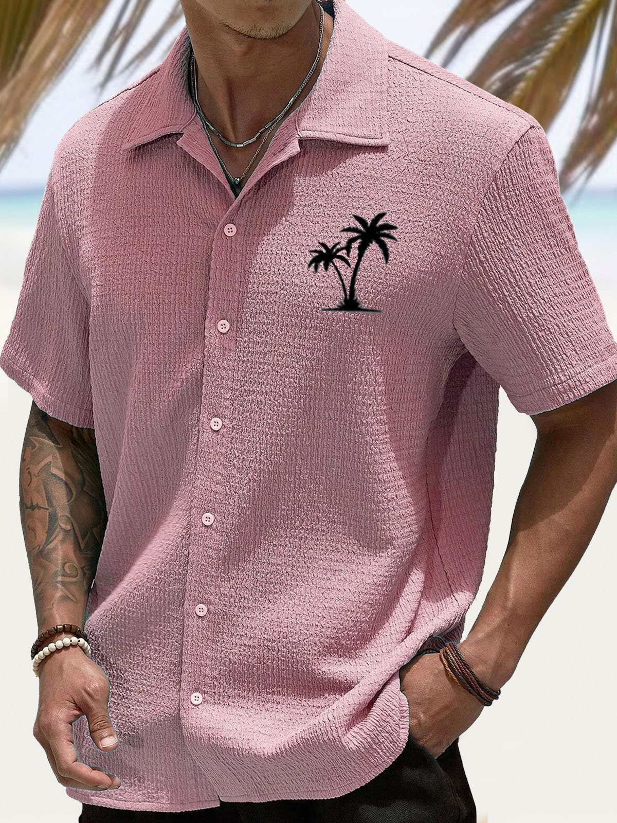 Royaura® Hawaiian Coconut Tree Puff Crepe 3D Digital Print Men's Button Pocket Short Sleeve Shirt Big & Tall