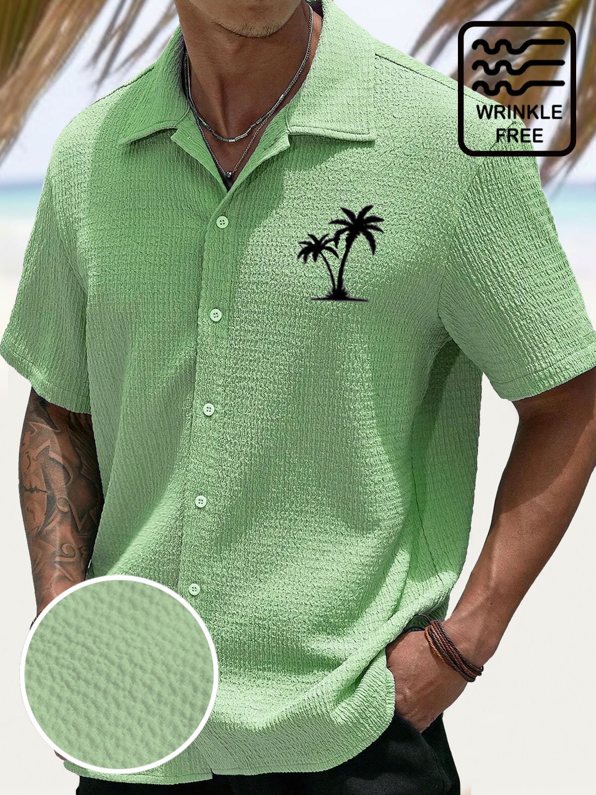 Royaura® Hawaiian Coconut Tree Puff Crepe 3D Digital Print Men's Button Pocket Short Sleeve Shirt Big & Tall