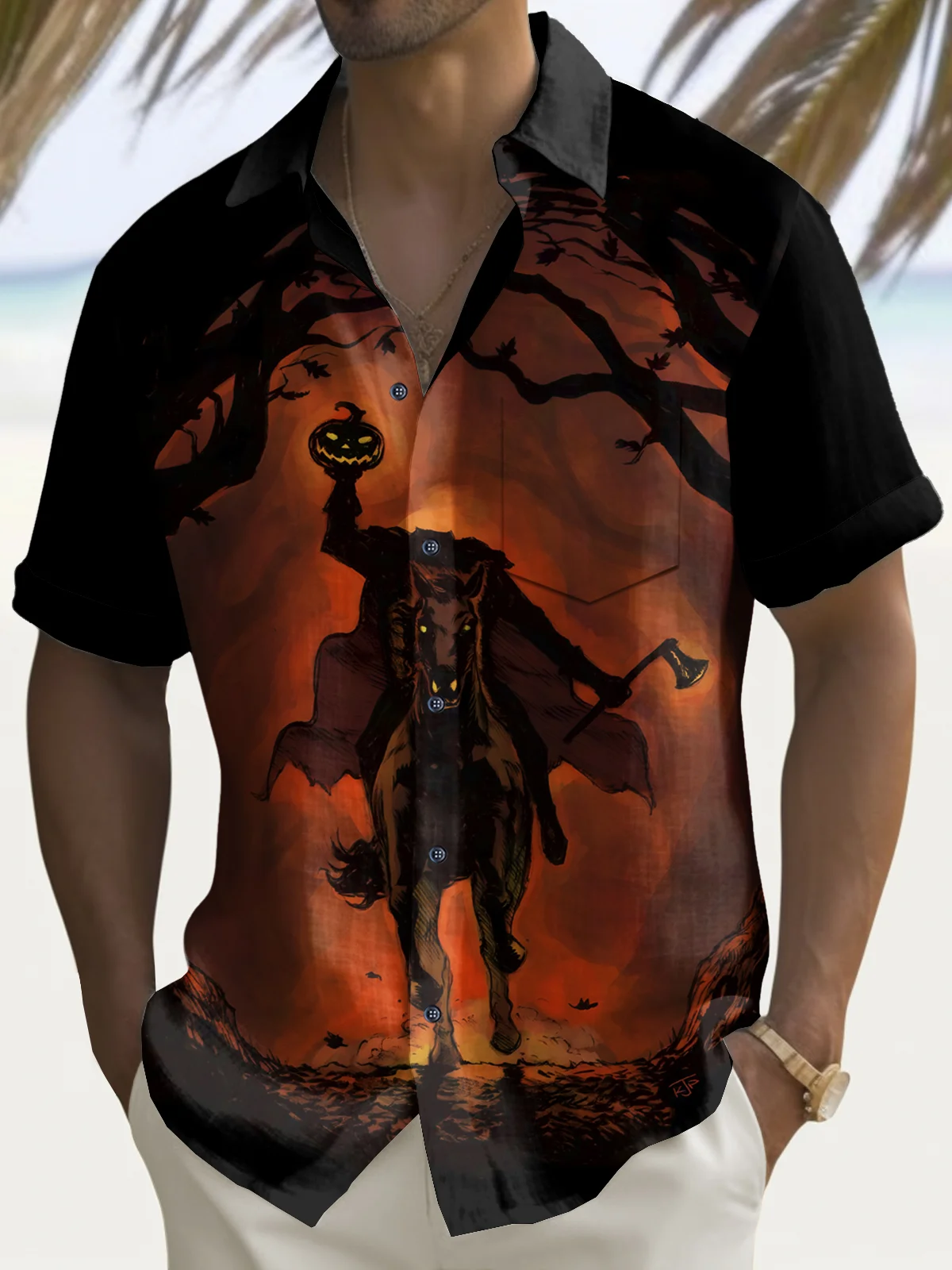 Royaura® Halloween Knight Print Men's Chest Pocket Stretch Shirt Big Tall