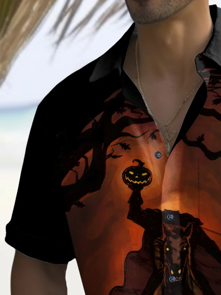 Royaura® Halloween Knight Print Men's Chest Pocket Stretch Shirt Big Tall