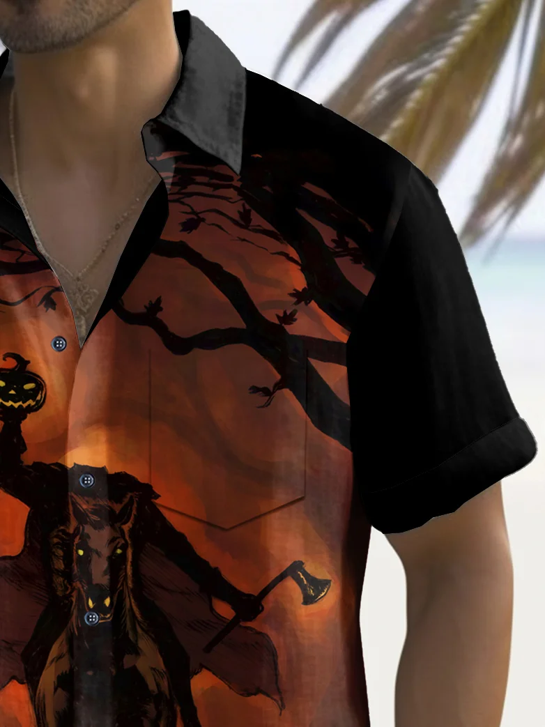 Royaura® Halloween Knight Print Men's Chest Pocket Stretch Shirt Big Tall