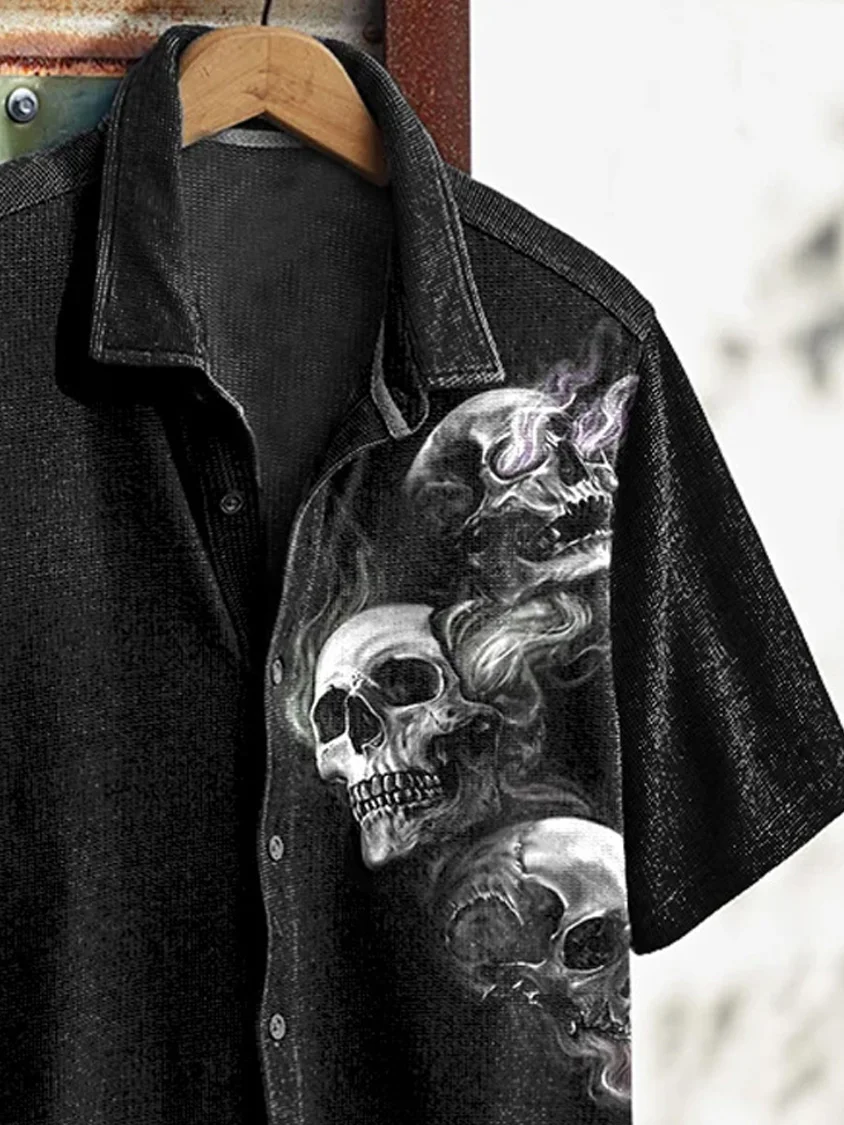 Royaura® Halloween Skull Cross 3D Digital Print Men's Button Pocket Short Sleeve Shirt  Big & Tall