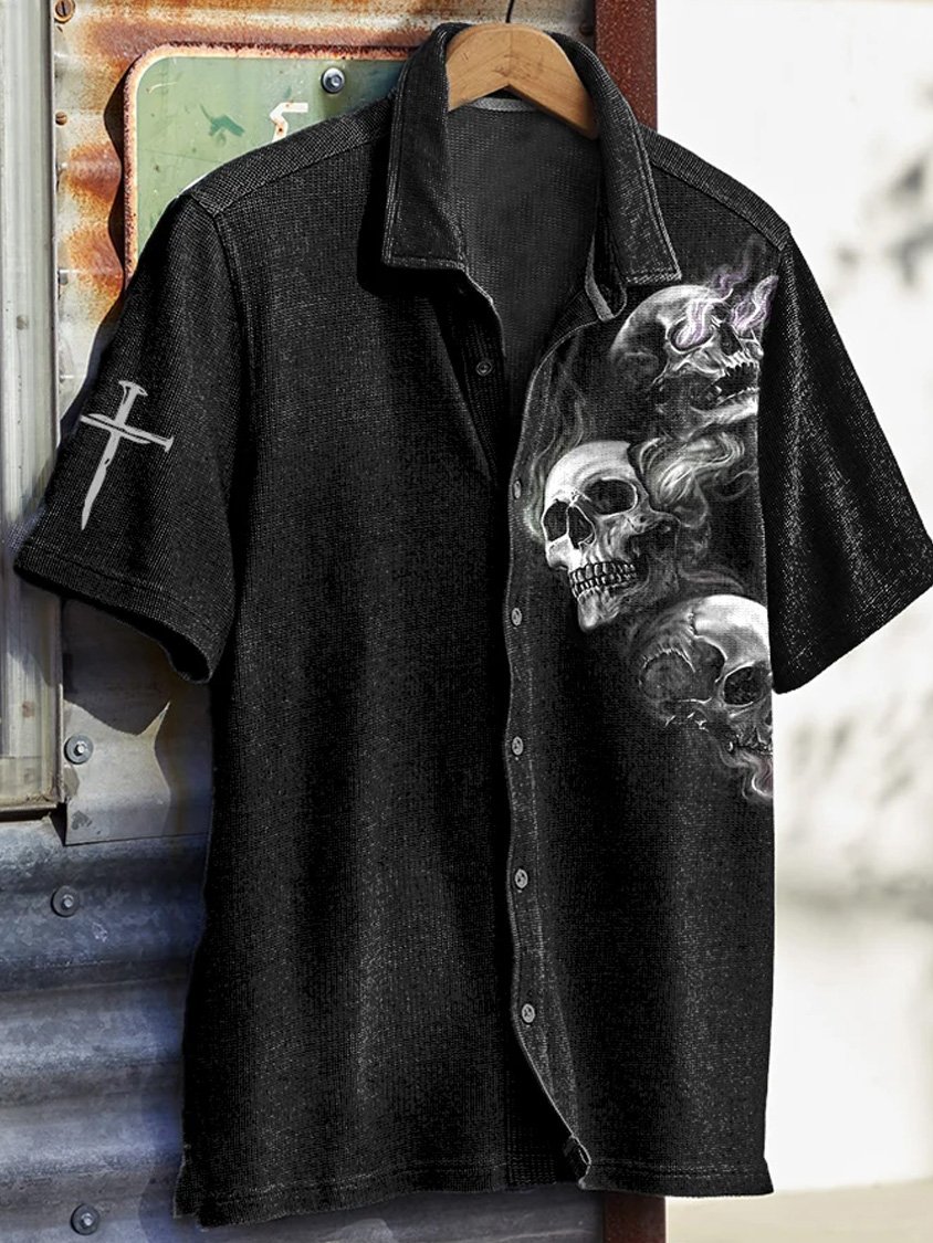 Royaura® Halloween Skull Cross 3D Digital Print Men's Button Pocket Short Sleeve Shirt  Big & Tall