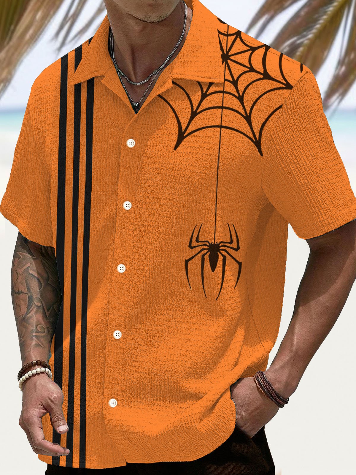 Royaura® Halloween Spider Stripe 3D Digital Print Men's Button Pocket Short Sleeve Shirt Big & Tall