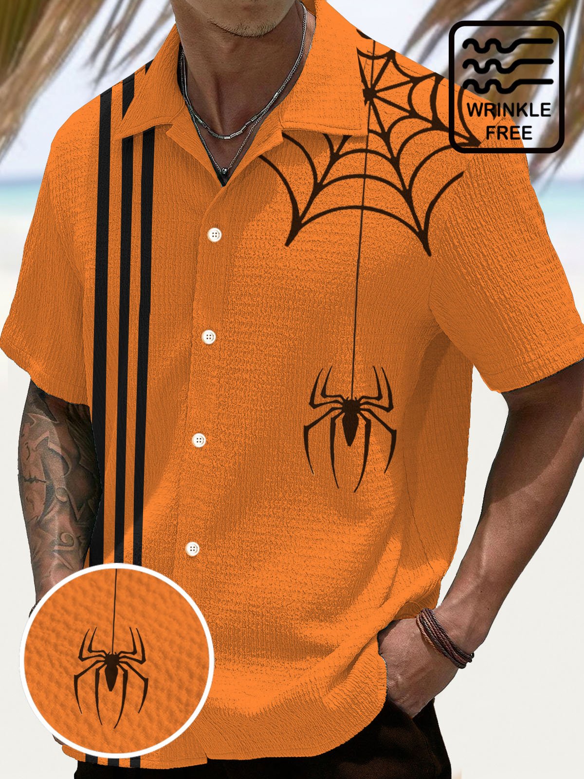 Royaura® Halloween Spider Stripe 3D Digital Print Men's Button Pocket Short Sleeve Shirt Big & Tall