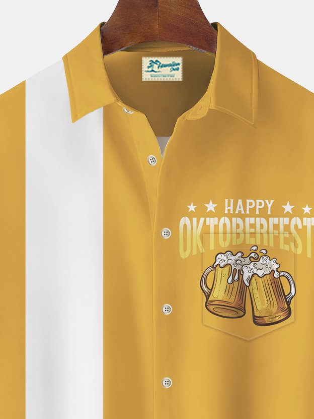 Royaura® Vintage Bowling Oktoberfest Beer Print Men's Chest Pocket Stretch Shirt Big Tall