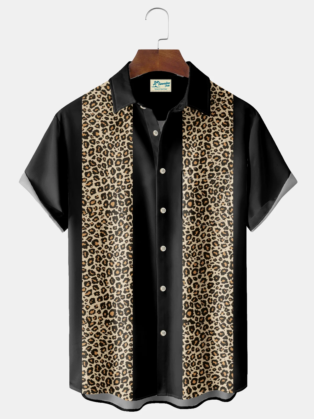 Royaura® Vintage Bowling Leopard Print Men's Chest Pocket Stretch Shirt Big Tall