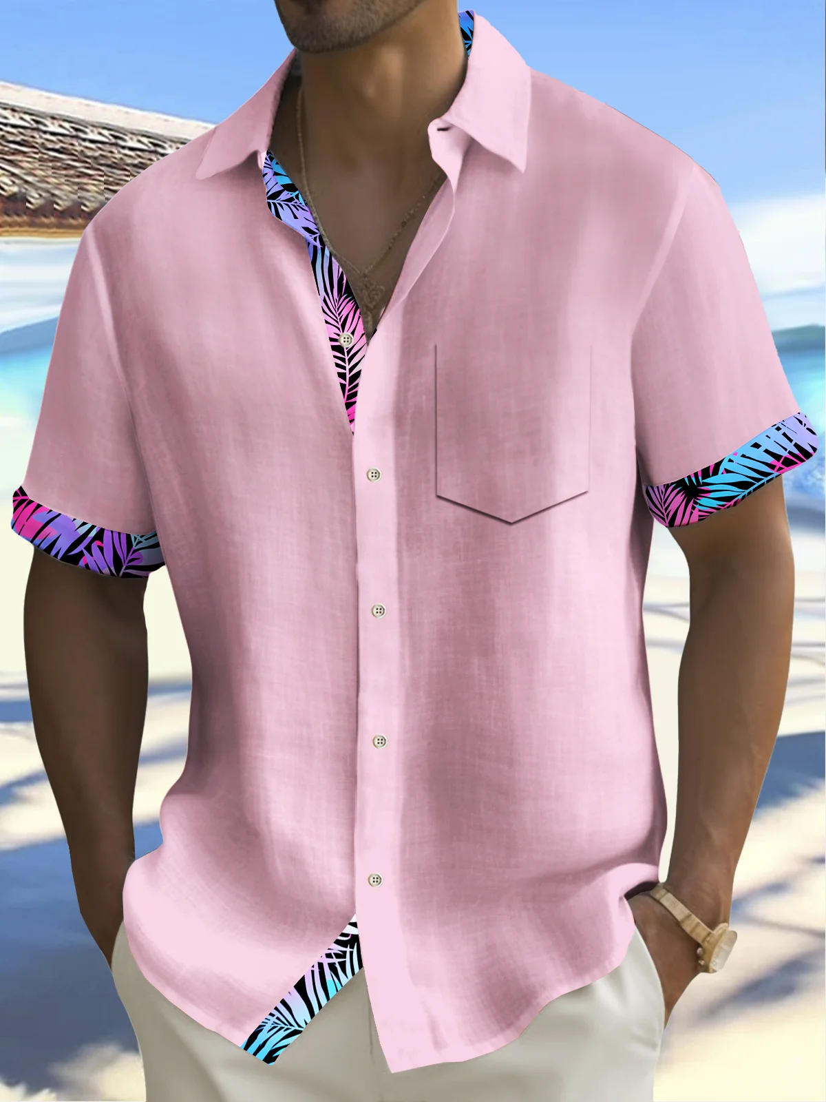 Royaura®  Basic Men's Hawaiian Shirt Pink Botanical Print Stretch Pocket Camping Shirt