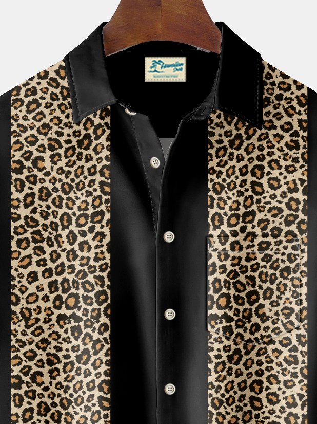 Royaura® Vintage Bowling Leopard Print Men's Chest Pocket Stretch Shirt Big Tall