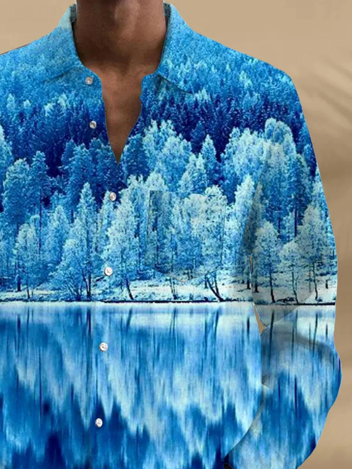 Royaura® Retro Snow Scenery Painting 3D Digital Printing Men's Button Pocket Long Sleeve Shirt Big & Tall