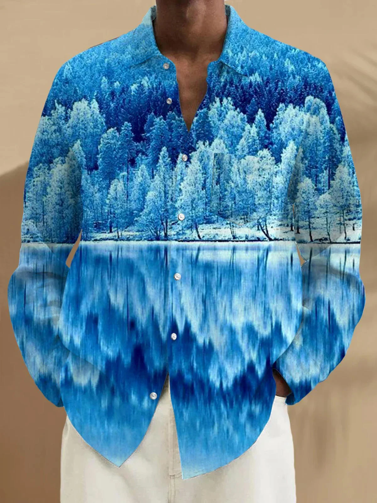 Royaura® Retro Snow Scenery Painting 3D Digital Printing Men's Button Pocket Long Sleeve Shirt Big & Tall