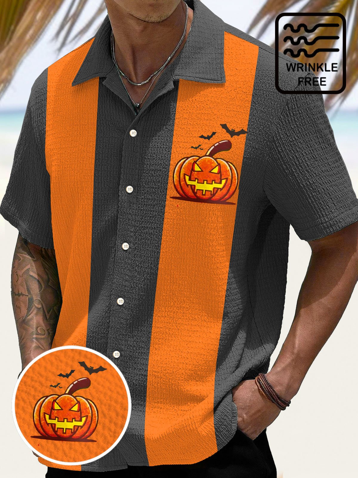 Royaura® Halloween Retro Bowling Pumpkin 3D Digital Print Men's Button Pocket Short Sleeve Shirt Big & Tall