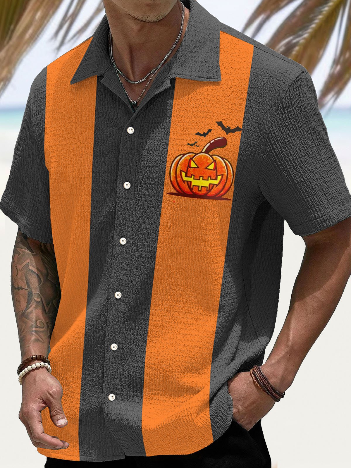 Royaura® Halloween Retro Bowling Pumpkin 3D Digital Print Men's Button Pocket Short Sleeve Shirt Big & Tall