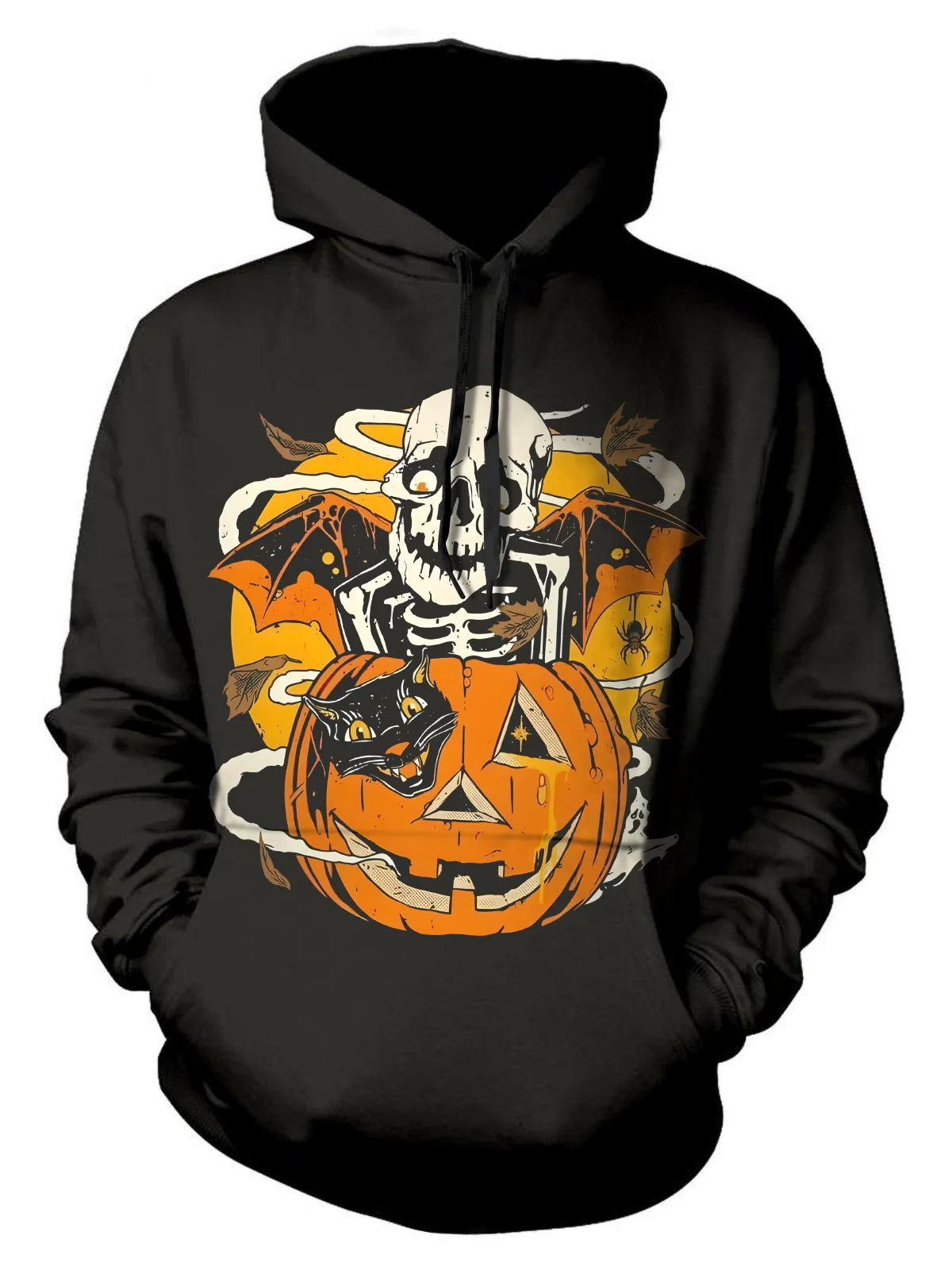 Royaura® Halloween Pumpkin Skull Print Men's Drawstring Hoodie Stretch Plus Size Camping Outdoor Pullover Sweatshirt