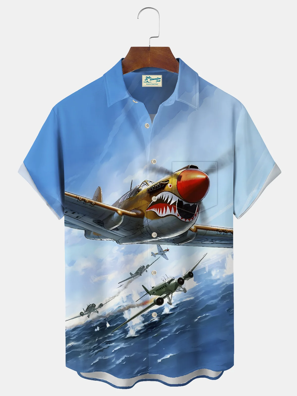 Royaura® Vintage Airplane War Poster Print Men's Chest Pocket Stretch Shirt Big Tall