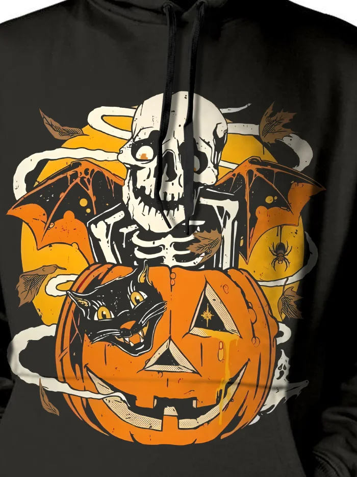 Royaura® Halloween Pumpkin Skull Print Men's Drawstring Hoodie Stretch Plus Size Camping Outdoor Pullover Sweatshirt