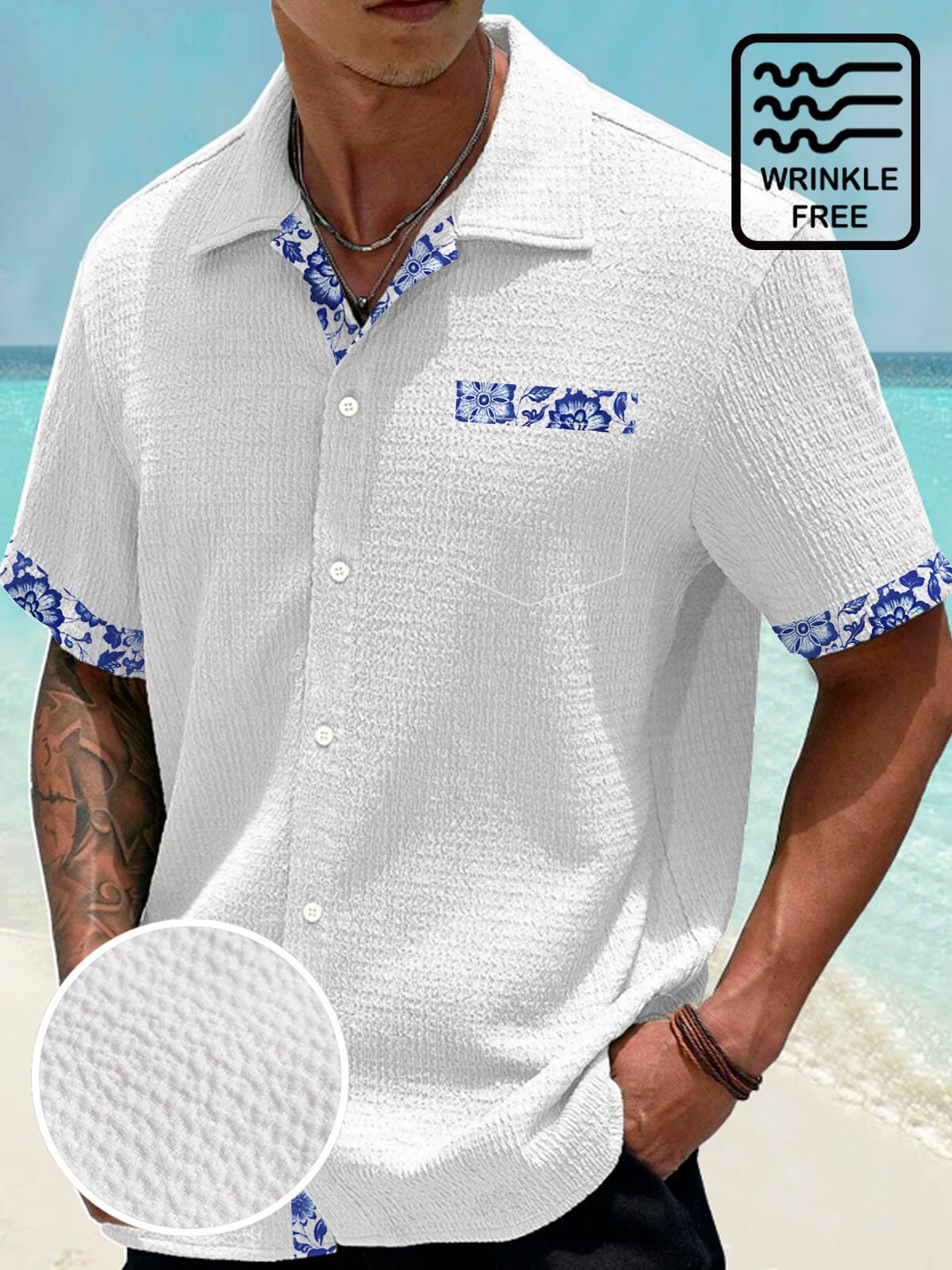 Royaura® Hawaiian Flower 3D Digital Print Men's Button Pocket Short Sleeve Shirt Big & Tall