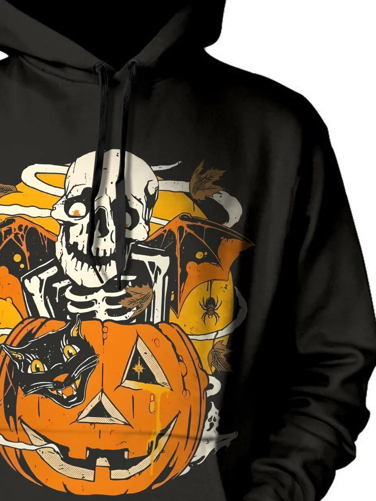 Royaura® Halloween Pumpkin Skull Print Men's Drawstring Hoodie Stretch Plus Size Camping Outdoor Pullover Sweatshirt