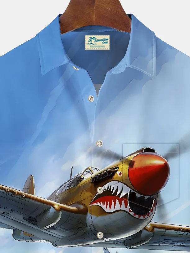 Royaura® Vintage Airplane War Poster Print Men's Chest Pocket Stretch Shirt Big Tall