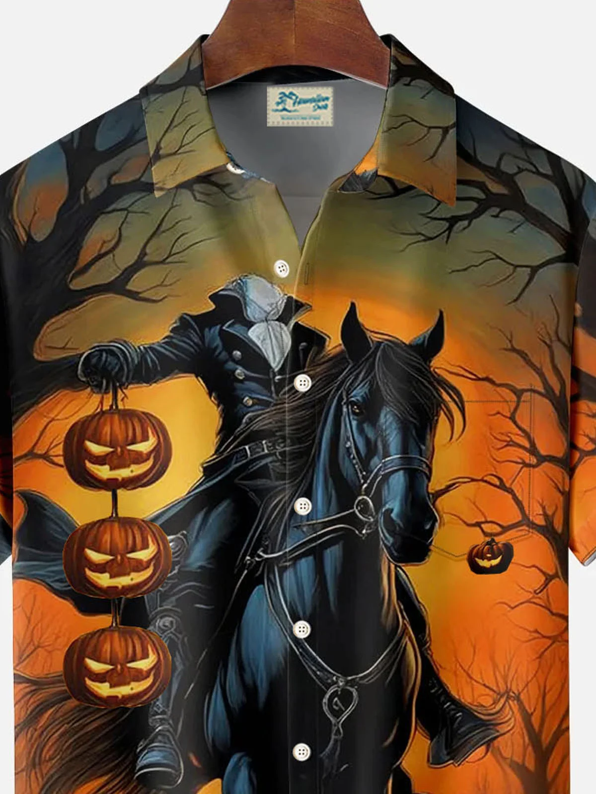 Royaura® Halloween Pumpkin Ghost Rider 3D Digital Print Men's Button Pocket Short Sleeve Shirt Big & Tall