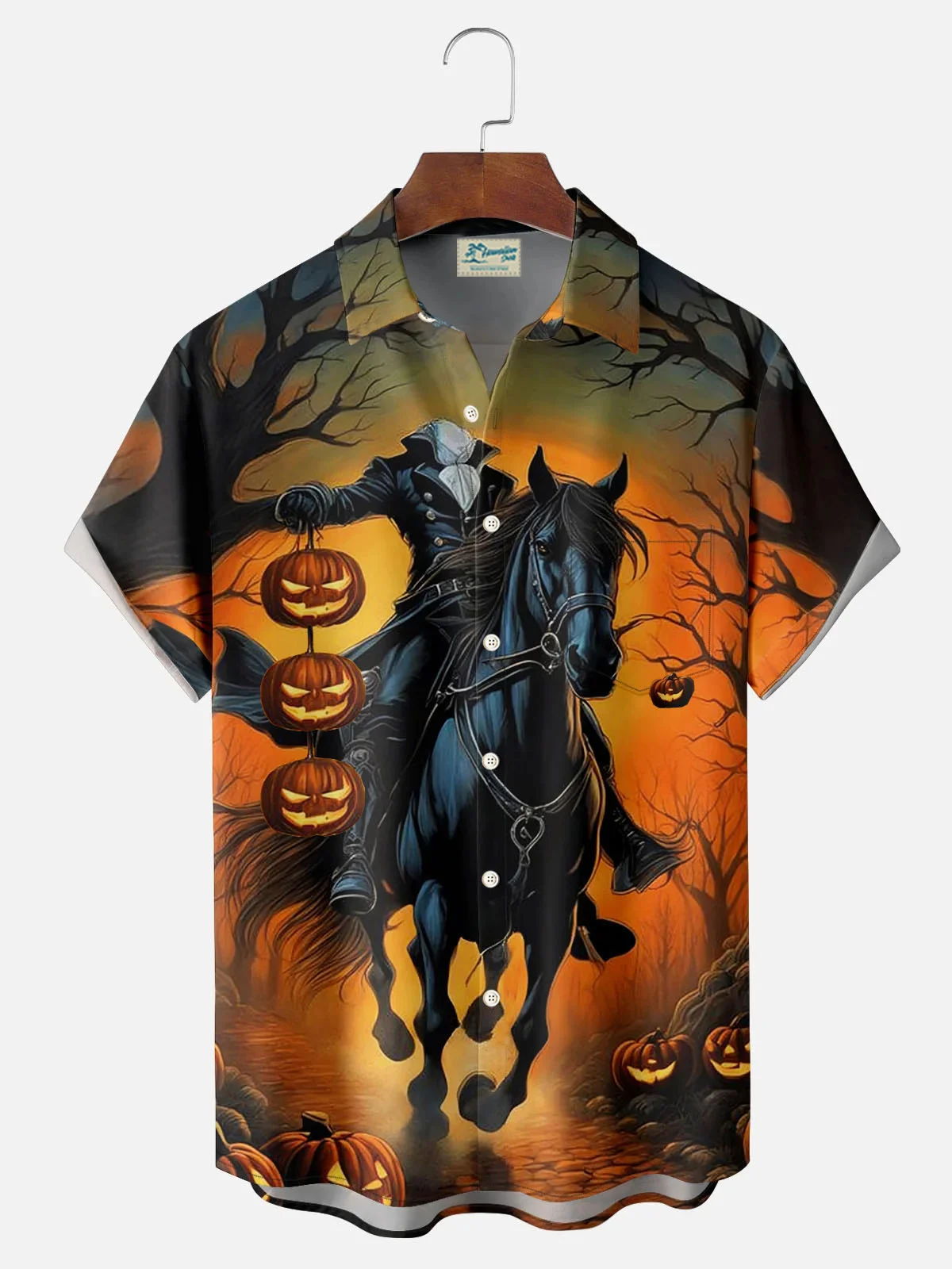 Royaura® Halloween Pumpkin Ghost Rider 3D Digital Print Men's Button Pocket Short Sleeve Shirt Big & Tall