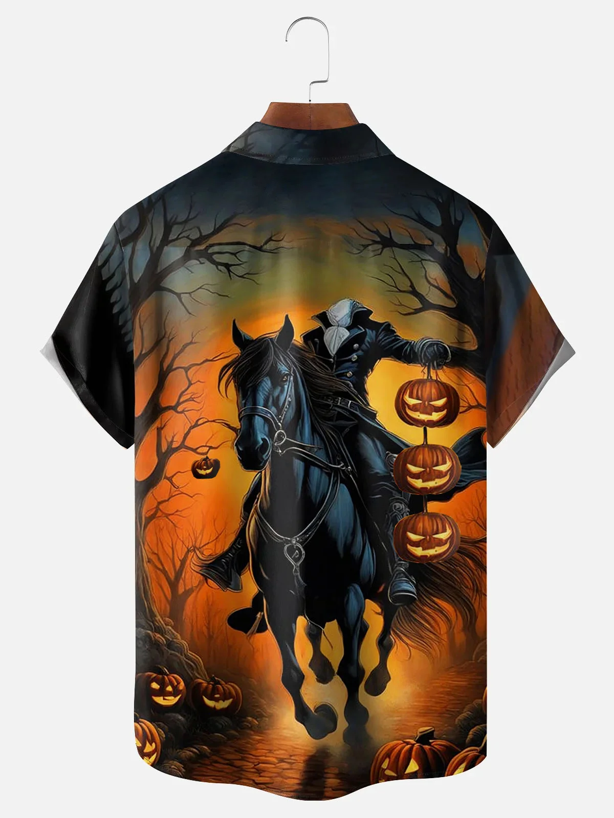 Royaura® Halloween Pumpkin Ghost Rider 3D Digital Print Men's Button Pocket Short Sleeve Shirt Big & Tall