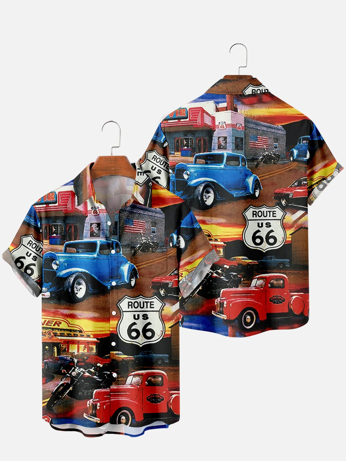 Royaura® Retro Route 66 Car 3D Digital Print Men's Button Pocket Short Sleeve Shirt Big & Tall