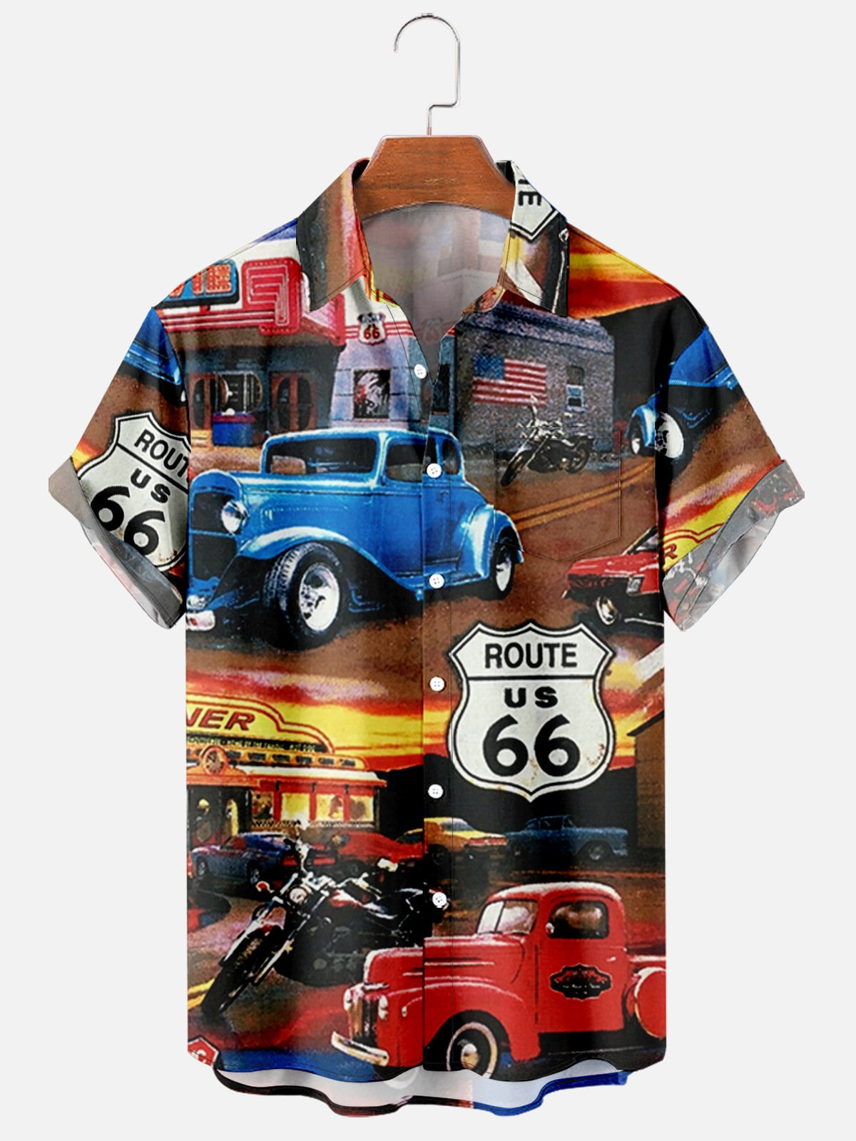 Royaura® Retro Route 66 Car 3D Digital Print Men's Button Pocket Short Sleeve Shirt Big & Tall