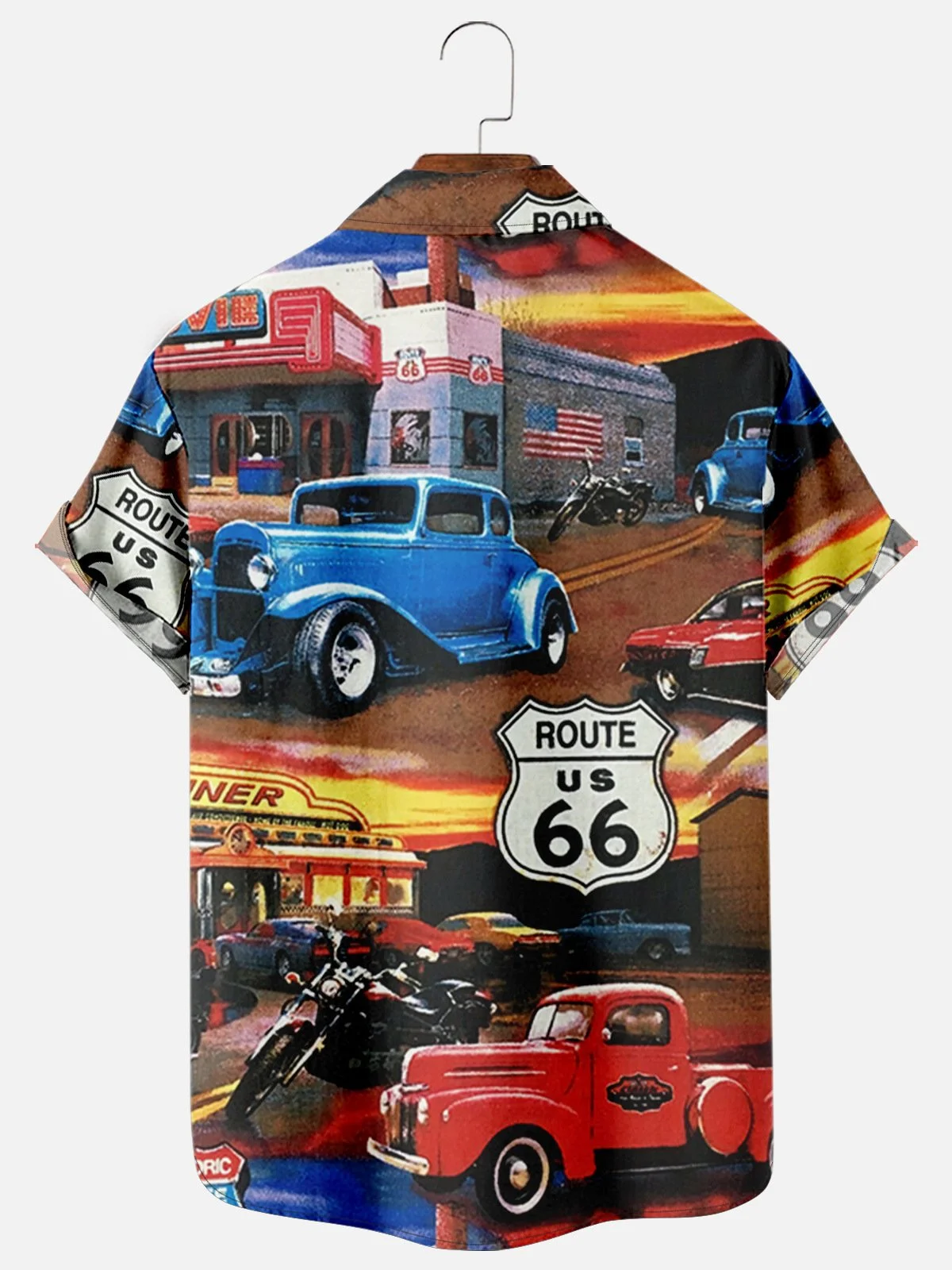 Royaura® Retro Route 66 Car 3D Digital Print Men's Button Pocket Short Sleeve Shirt Big & Tall